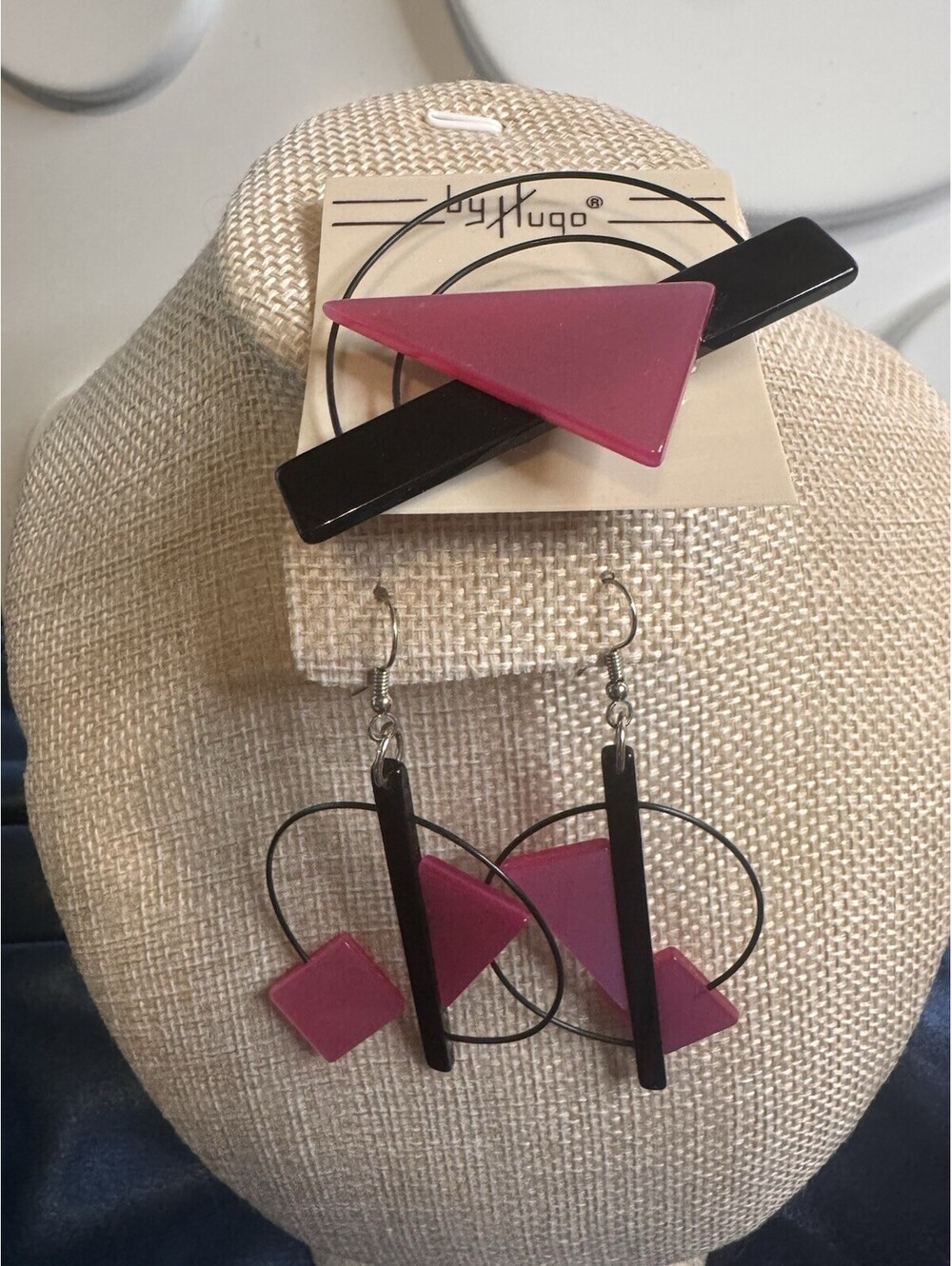 Vintage by HUGO Brooch & Earrings Set Pink Black Geometric Statement Jewelry